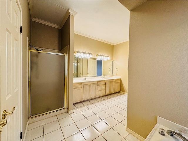 bathroom with tile patterned flooring, crown molding, an enclosed shower, and vanity