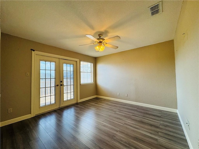 6242 Strasbourg Dr, Corpus Christi, TX 78414 - empty room featuring french doors, ceiling fan, baseboards, a textured ceiling, and dark wood-style flooring