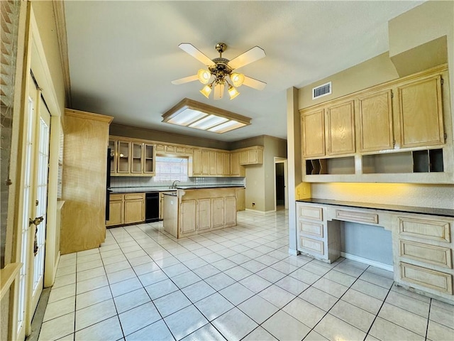 kitchen with built in desk, sink, light tile patterned floors, ceiling fan, and light brown cabinets