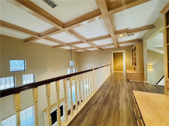 6242 Strasbourg Dr, Corpus Christi, TX 78414 - corridor featuring beam ceiling, wood finished floors, coffered ceiling, healthy amount of natural light, and baseboards