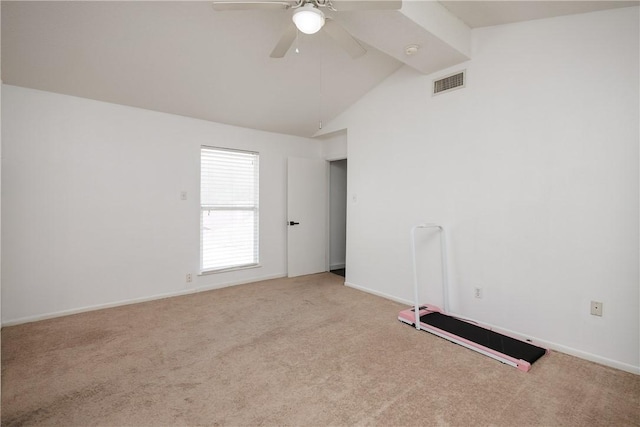 212 San Saba Dr, Portland, TX 78374 - carpeted empty room featuring baseboards, visible vents, high vaulted ceiling, and ceiling fan