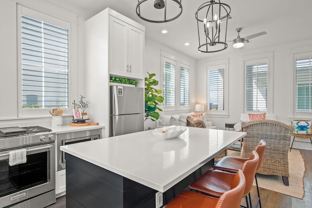 kitchen with a wealth of natural light, dark wood-type flooring, appliances with stainless steel finishes, and a center island