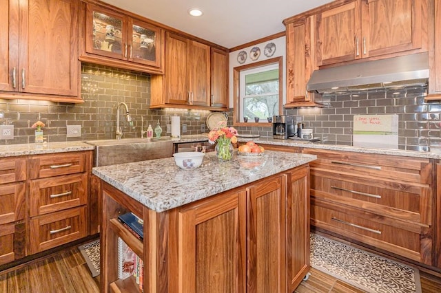 161 Red Bird Rdg, Beeville, TX 78102 - kitchen featuring under cabinet range hood, a sink, dark wood finished floors, decorative backsplash, and brown cabinets