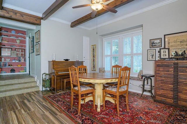 161 Red Bird Rdg, Beeville, TX 78102 - dining space featuring beam ceiling, a ceiling fan, baseboards, and wood finished floors