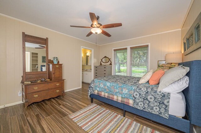 161 Red Bird Rdg, Beeville, TX 78102 - bedroom with wood finished floors, ornamental molding, baseboards, ceiling fan, and connected bathroom