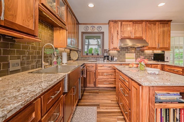 161 Red Bird Rdg, Beeville, TX 78102 - kitchen with range hood, ornamental molding, recessed lighting, decorative backsplash, and wood finished floors