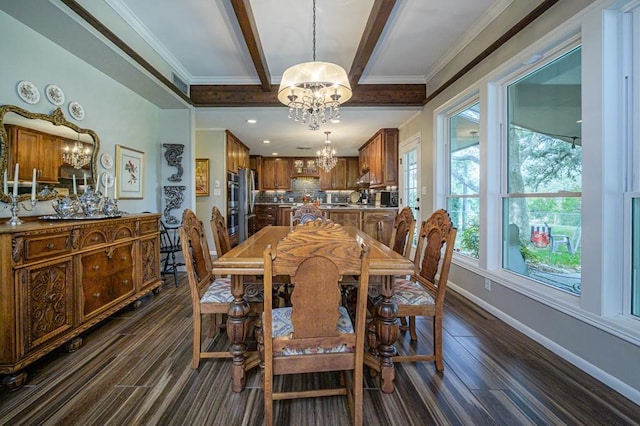 161 Red Bird Rdg, Beeville, TX 78102 - dining room with a chandelier, dark wood-style floors, baseboards, beam ceiling, and recessed lighting