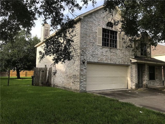5026 Graford Pl, Corpus Christi, TX 78413 - view of front of property featuring an attached garage, concrete driveway, a chimney, and brick siding