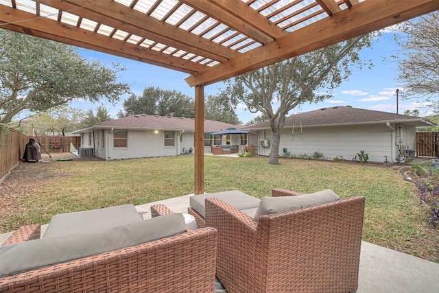 view of patio / terrace featuring an outdoor hangout area, central air condition unit, and a pergola