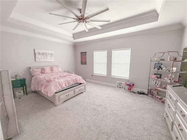 8137 Berenstain Dr, Corpus Christi, TX 78414 - bedroom with a tray ceiling, ornamental molding, light carpet, ceiling fan, and baseboards