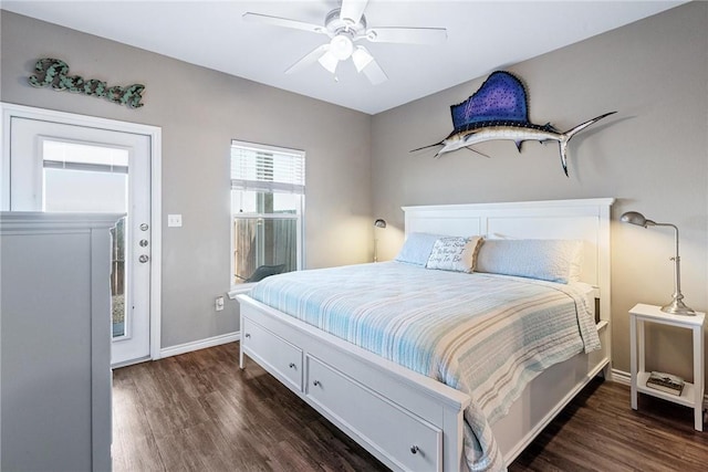 bedroom featuring ceiling fan, baseboards, and wood finished floors