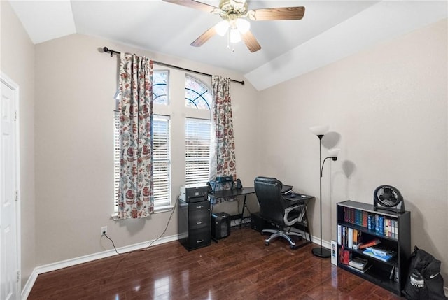 office featuring dark wood-type flooring, ceiling fan, and lofted ceiling