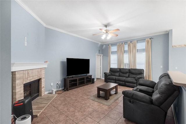 living room featuring ornamental molding, ceiling fan, and light tile patterned flooring