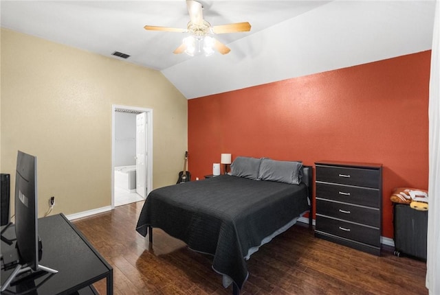 bedroom featuring vaulted ceiling, dark wood-type flooring, and ceiling fan