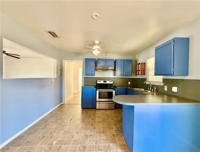 kitchen featuring blue cabinetry, ceiling fan, sink, kitchen peninsula, and stainless steel electric range