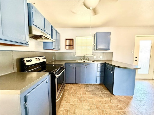 kitchen featuring blue cabinets, kitchen peninsula, sink, and stainless steel electric range oven