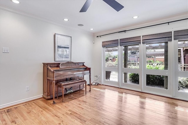 209 Jackson Pl, Corpus Christi, TX 78411 - sitting room with a ceiling fan, wood finished floors, ornamental molding, and recessed lighting