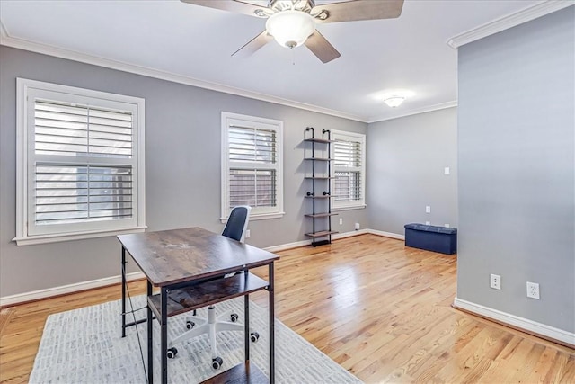 209 Jackson Pl, Corpus Christi, TX 78411 - home office with ornamental molding, a ceiling fan, and wood finished floors