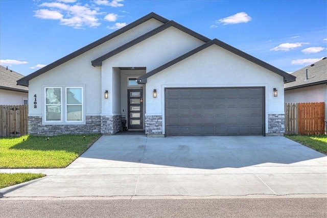 4102 Fold Ln, Corpus Christi, TX 78414 - ranch-style home with stone siding, stucco siding, a garage, and concrete driveway