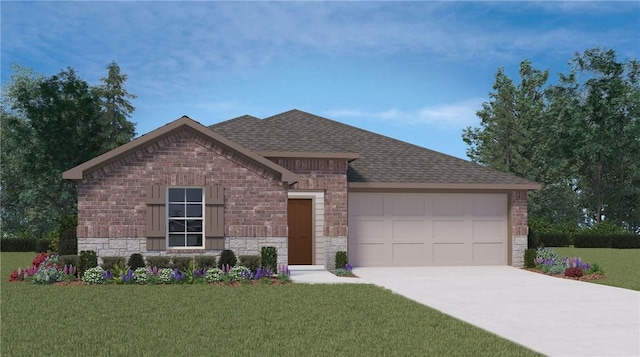 view of front of house featuring stone siding, driveway, roof with shingles, a front yard, and an attached garage