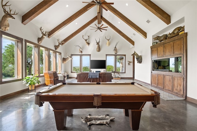 5502 E Riverview Dr, Corpus Christi, TX 78410 - recreation room with finished concrete flooring, beam ceiling, high vaulted ceiling, billiards, and recessed lighting