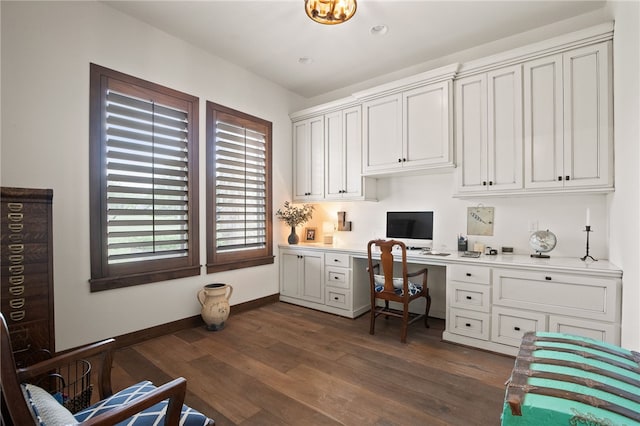 5502 E Riverview Dr, Corpus Christi, TX 78410 - office featuring built in desk, dark wood finished floors, and recessed lighting