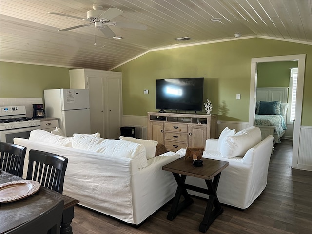 living room featuring lofted ceiling, ceiling fan, dark hardwood / wood-style floors, and wooden ceiling