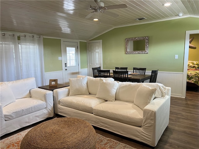 living room with dark hardwood / wood-style flooring, lofted ceiling, wooden ceiling, and ceiling fan