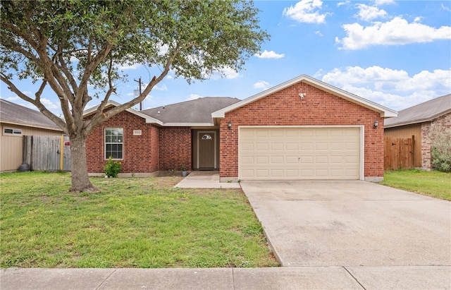 ranch-style house with an attached garage, fence, a front yard, and concrete driveway