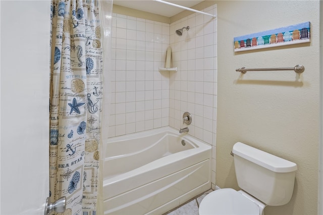 bathroom with shower / bath combination with curtain and toilet