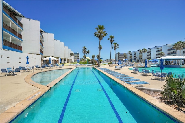 view of swimming pool with a patio