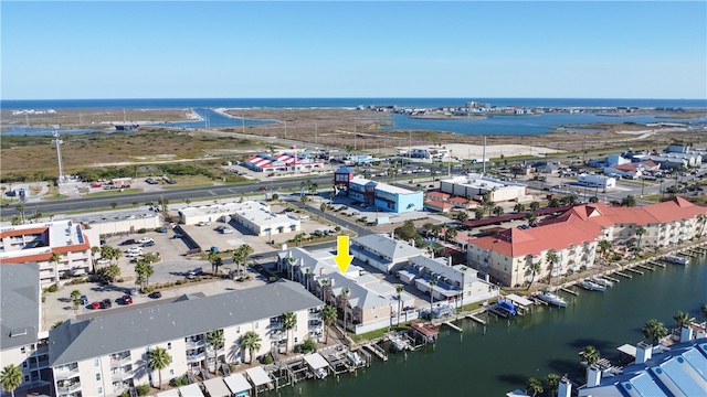 bird's eye view with a water view