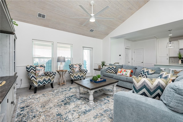 living room with ceiling fan, high vaulted ceiling, wood ceiling, and light wood-type flooring