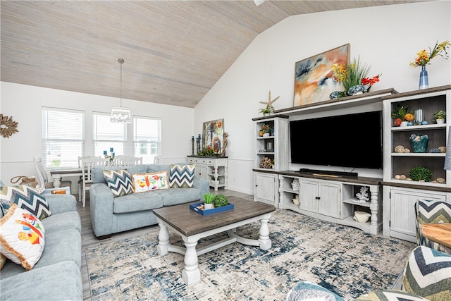 living room with light hardwood / wood-style flooring, vaulted ceiling, a notable chandelier, and wood ceiling