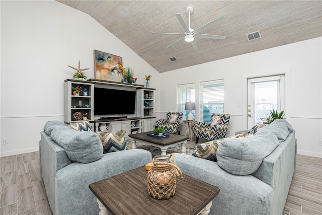 living room with light hardwood / wood-style flooring, vaulted ceiling, wooden ceiling, and ceiling fan