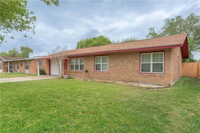 ranch-style home with concrete driveway, fence, an attached garage, and brick siding