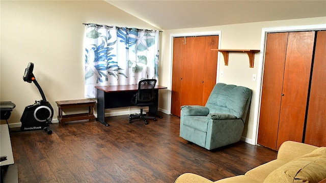 office area with lofted ceiling and dark hardwood / wood-style floors