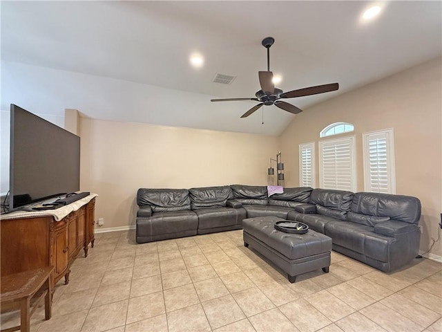 177 Whistlers Cv, Rockport, TX 78382 - living area featuring ceiling fan, lofted ceiling, light tile patterned floors, baseboards, and recessed lighting