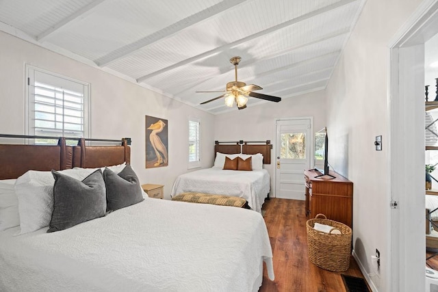 bedroom with dark wood-type flooring, ceiling fan, lofted ceiling with beams, and multiple windows