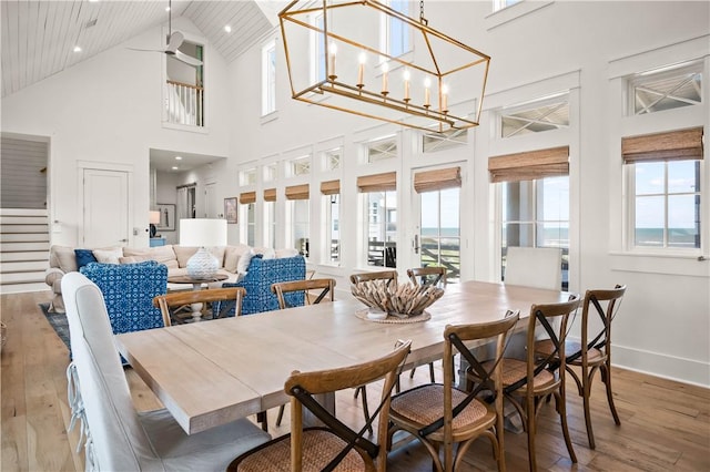328 Coastline Dr, Port Aransas, TX 78373 - dining area featuring high vaulted ceiling, wood-type flooring, plenty of natural light, recessed lighting, and wooden ceiling
