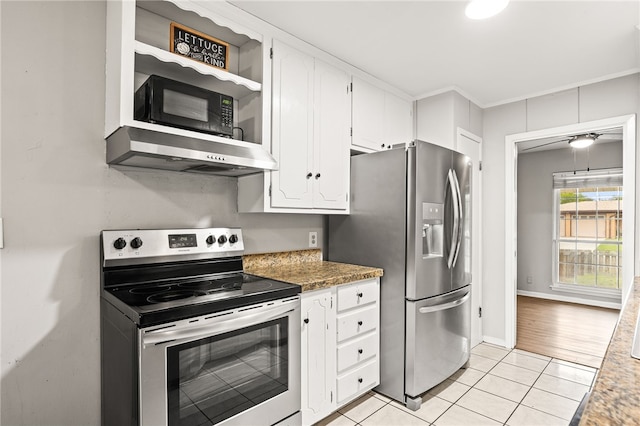 4249 Dody St, Corpus Christi, TX 78411 - kitchen with stainless steel appliances, under cabinet range hood, white cabinets, light tile patterned floors, and open shelves