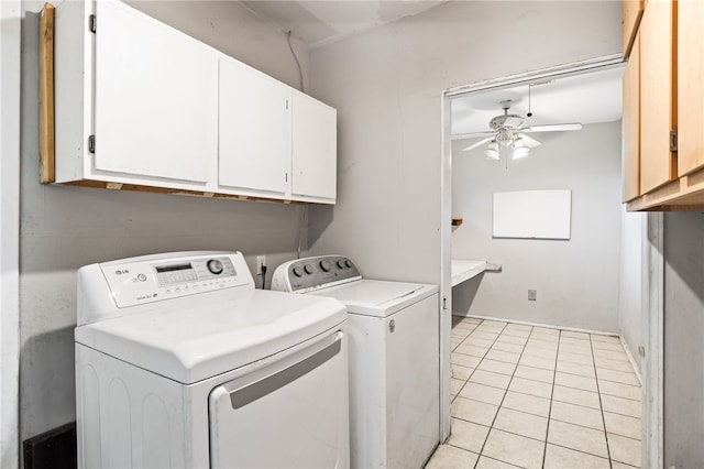 4249 Dody St, Corpus Christi, TX 78411 - laundry room featuring independent washer and dryer, cabinet space, a ceiling fan, and light tile patterned flooring