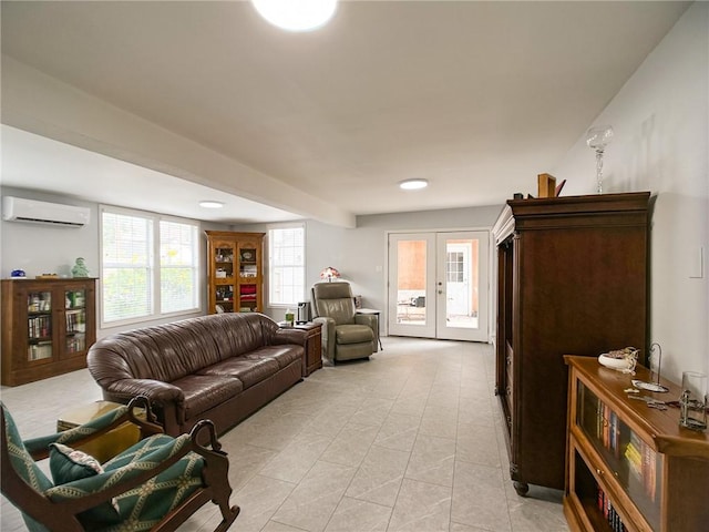 living room with french doors and a wall mounted air conditioner