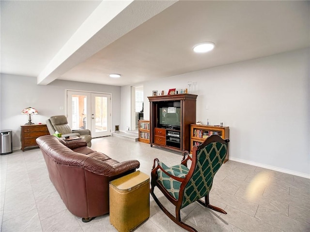 living room with light tile patterned floors, baseboards, beam ceiling, and french doors