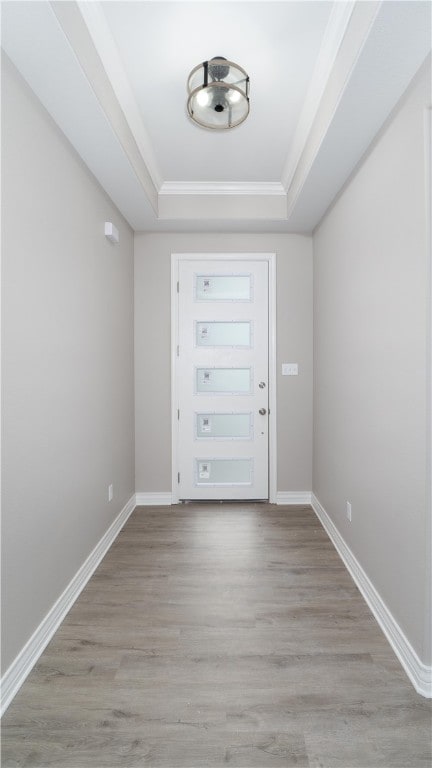 doorway to outside with ornamental molding, light hardwood / wood-style flooring, and a tray ceiling