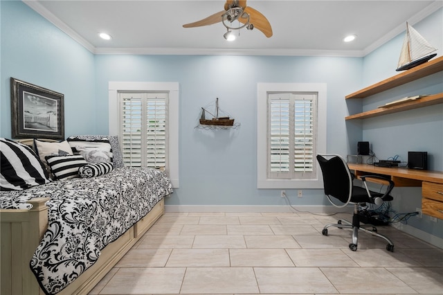 home office with ceiling fan, light tile patterned floors, and ornamental molding