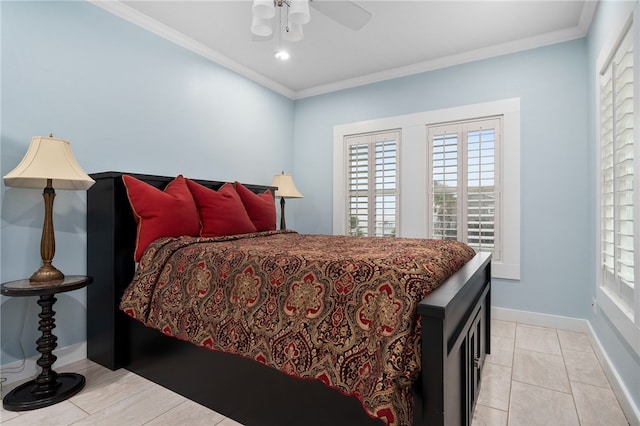 tiled bedroom featuring ceiling fan and crown molding