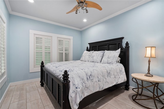 bedroom featuring ceiling fan and crown molding