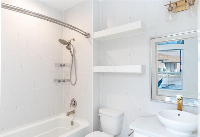 full bath featuring shower / washtub combination, toilet, and vanity