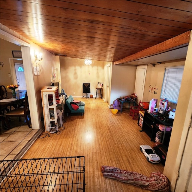 recreation room with hardwood / wood-style floors and wooden ceiling